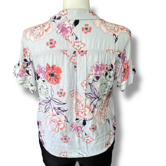 Candies Womens Crop Top Collared Button Down Tie Front Short Sleeve Floral Large - Picture 4 of 11